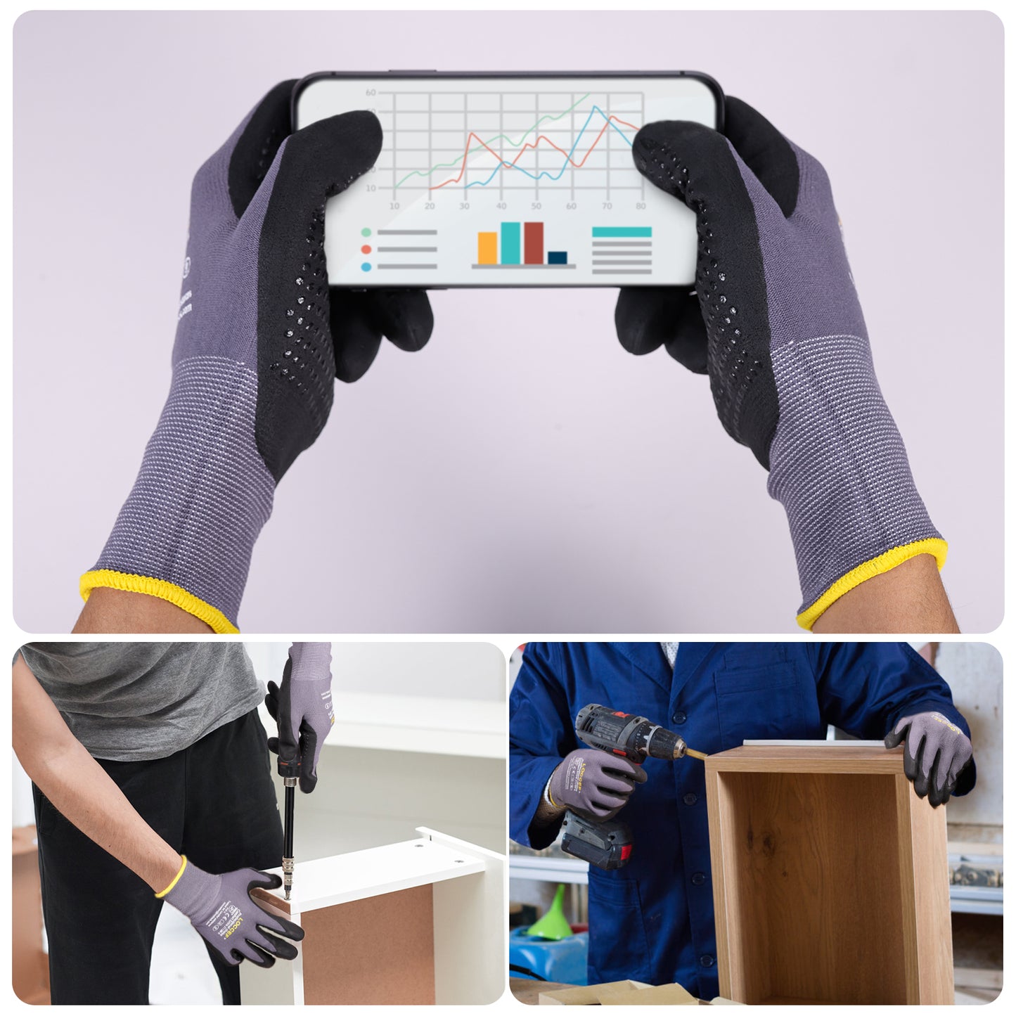 Work Gloves MicroFoam Nitrile Coated-6 Pairs,Endurance Seamless Knit Nylon,Dots on palm,Tacky Dot Grip Gloves